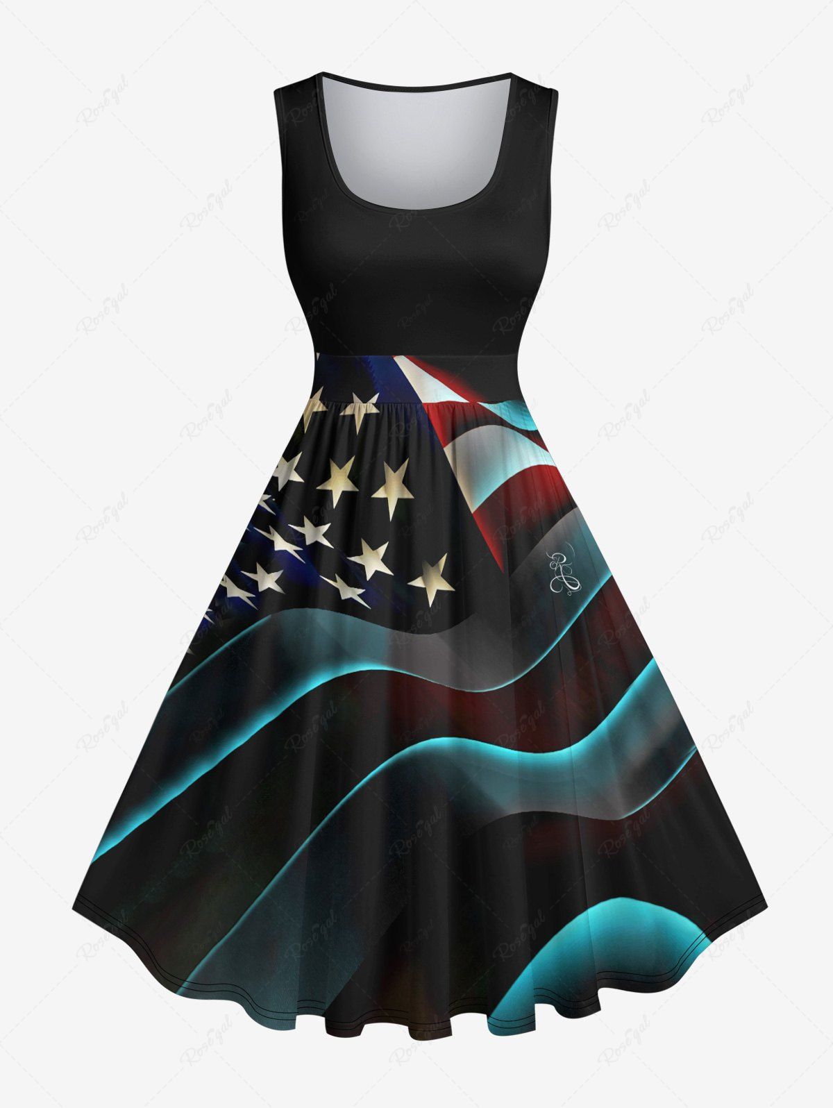 Trendy Plus Size Patriotic American Flag Star Glitter 3D Print 1950s Vintage Dress  