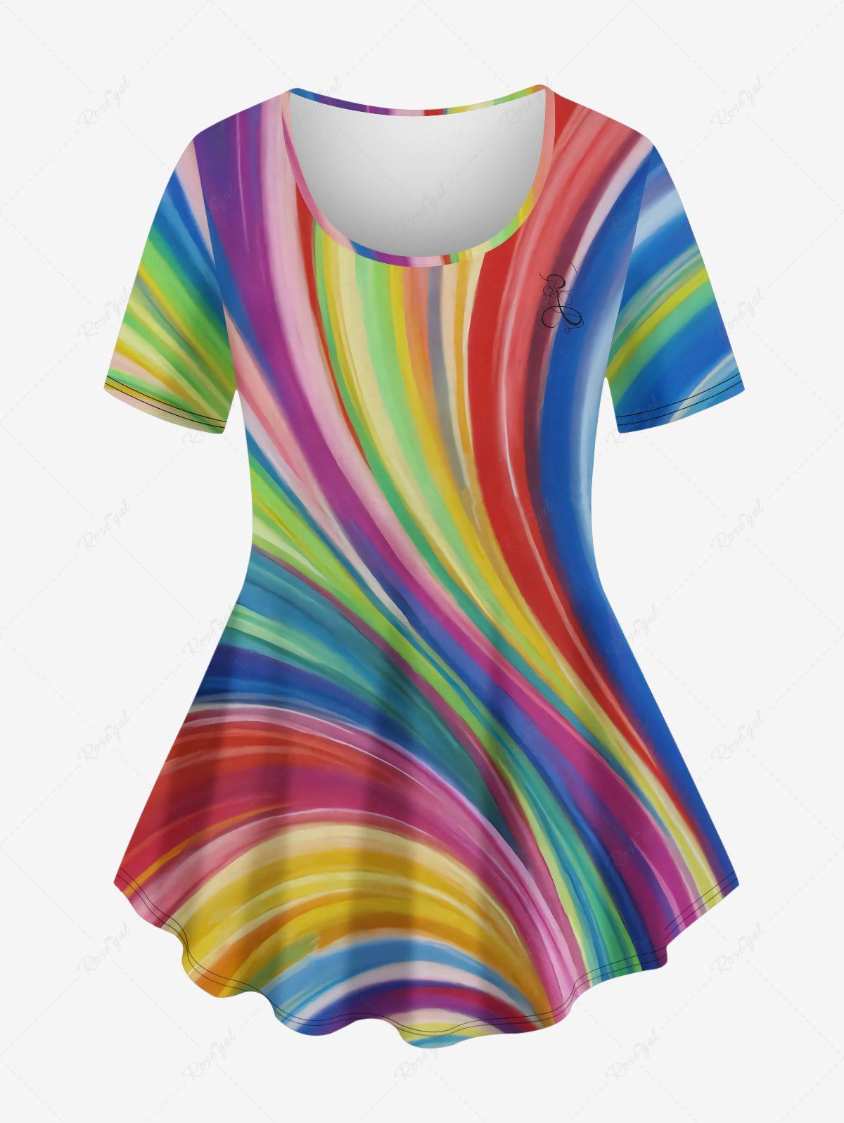Latest Plus Size Colorful Rainbow Swirls Colorblock Glitter 3D Print T-shirt  