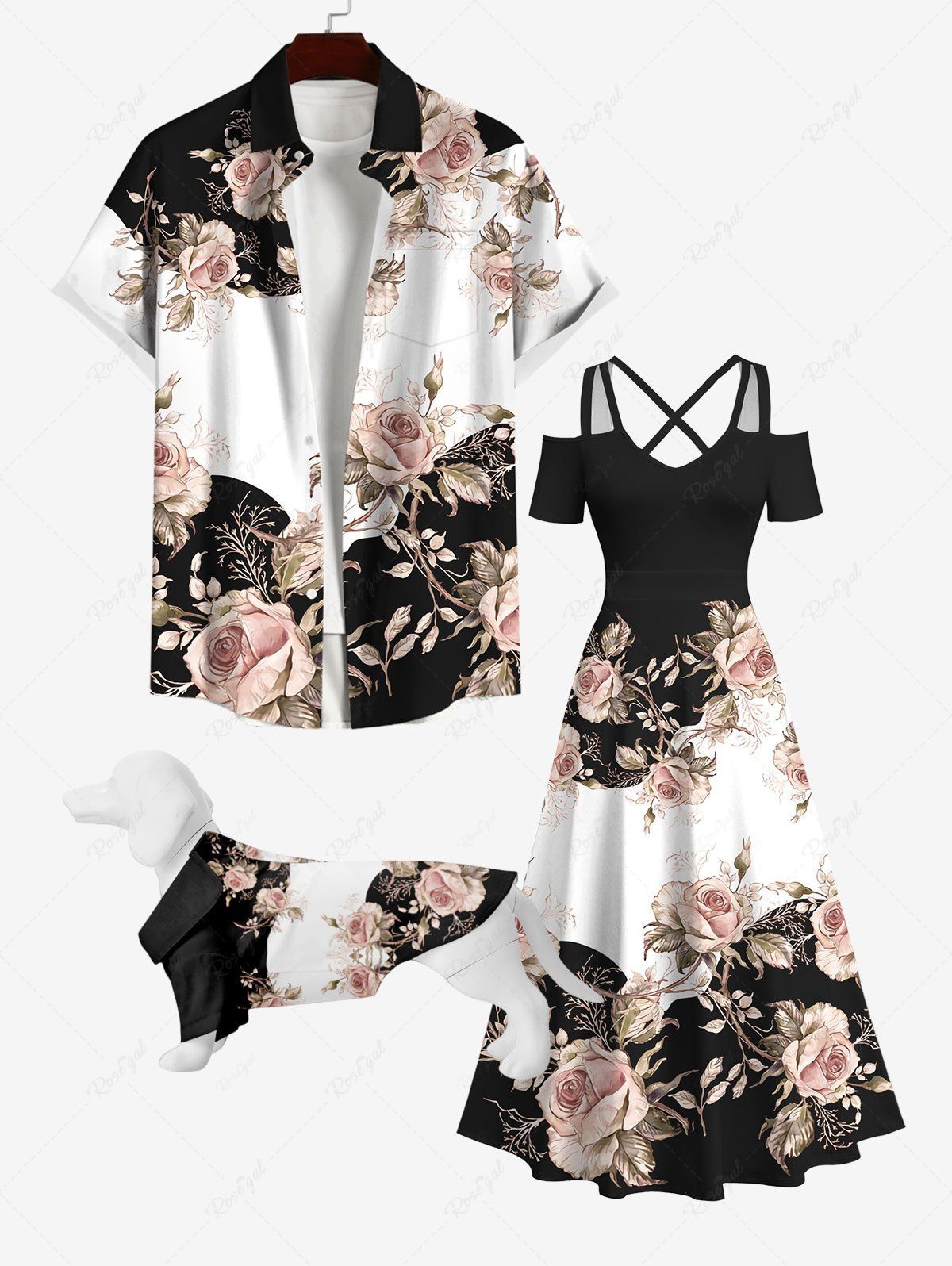 Shop Rose Flower Colorblock Print Hawaii Dog and Owner Matching Outfits  