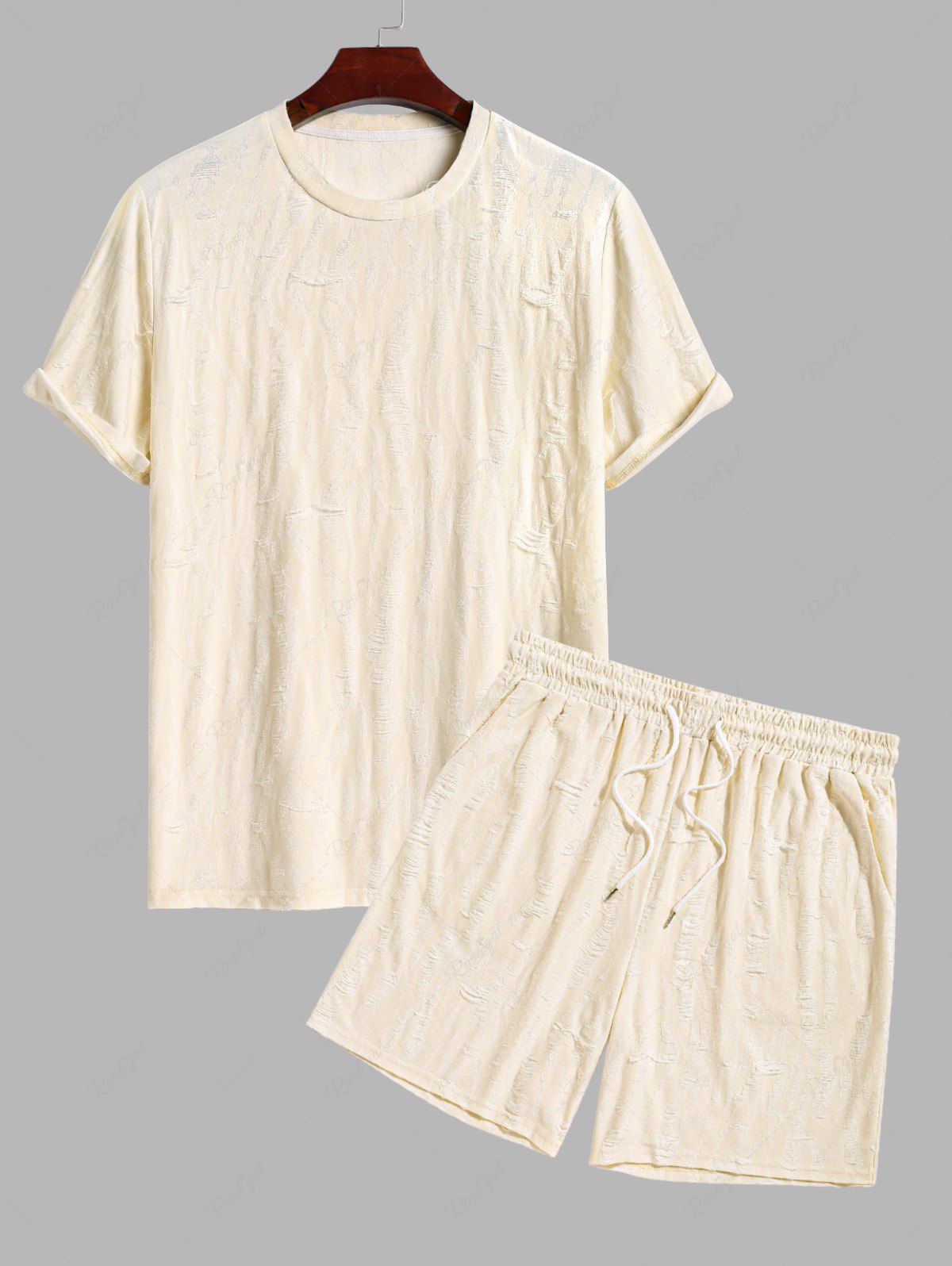 Fashion Men's Crew Neck Frayed Drawnwork Short Sleeves T-shirt And Slant Pockets Drawstring Casual Shorts Set  