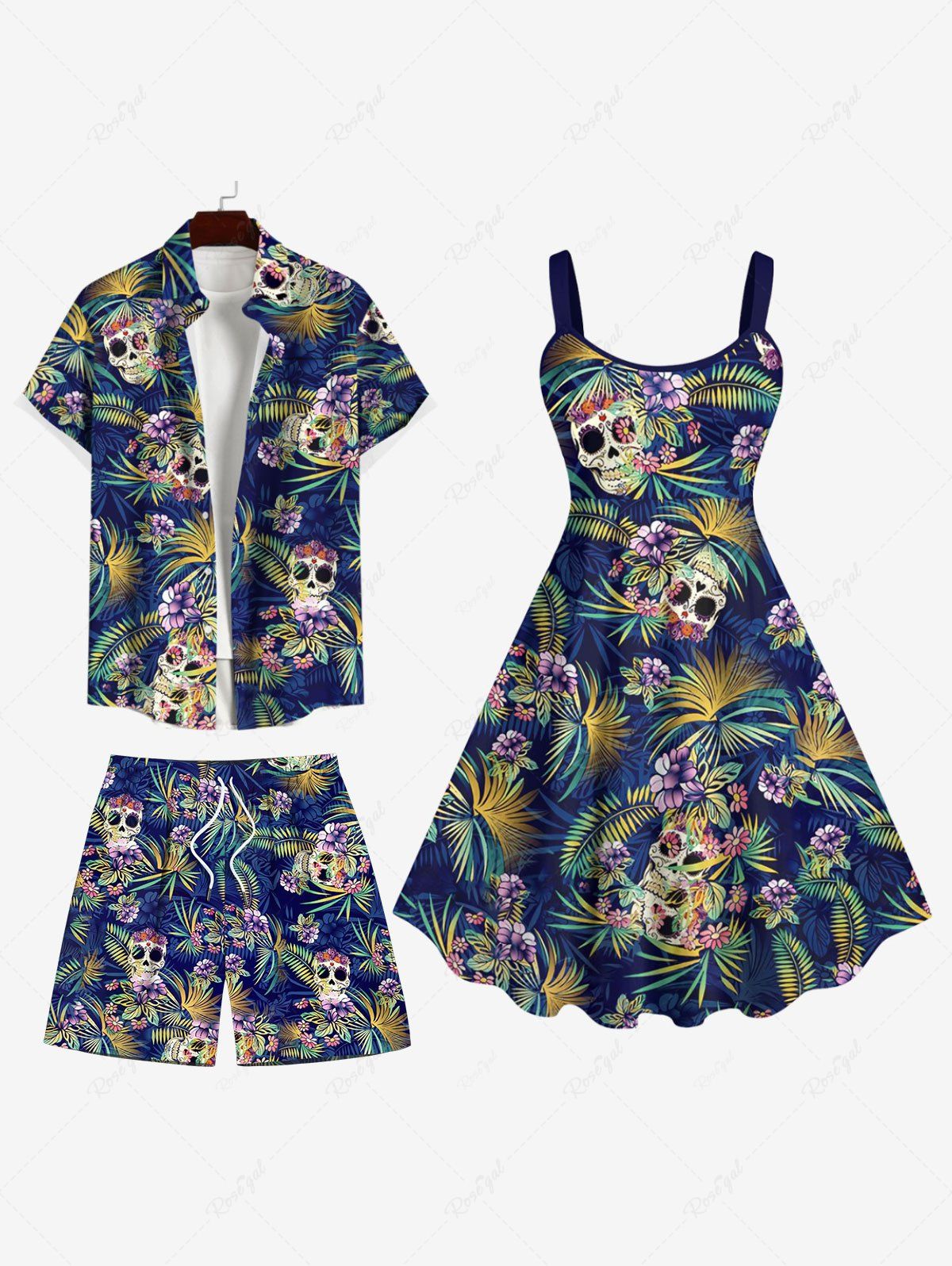 Cheap Skulls Coconut Tree Leaf Flower Print Plus Size Matching Hawaii Beach Outfit For Couples  