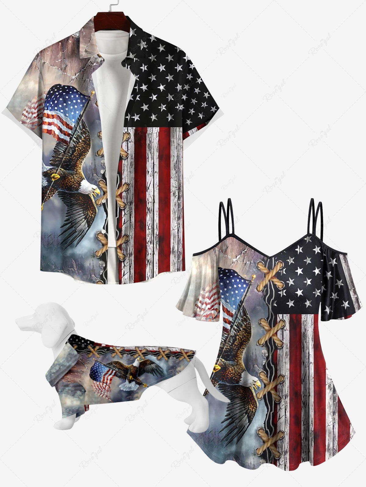 Chic 3D Lace Up Distressed Ombre Patriotic American Flag Eagle Print Dog And Owner Matching Outfits  