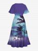 Plus Size Coconut Tree Ombre Colorblock Print Hawaii Split Midi Dress - Pourpre  5X