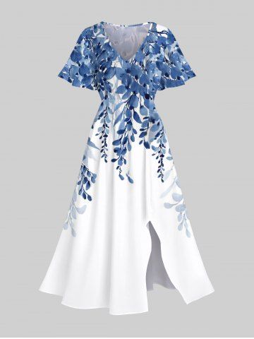 Plus Size Art Leaf Wicker Plant Print Hawaii Split Midi Dress - MULTI-A - L