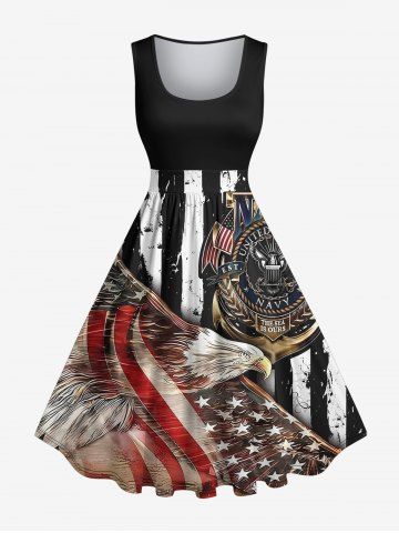 Plus Size Eagle Patriotic American Flag Print Vintage A Line Swing Dress - BLACK - XS