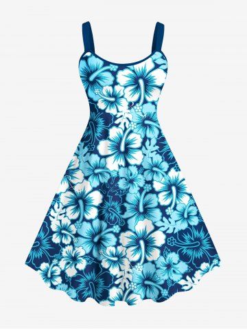 Plus Size Tropical Leaf Hibiscus Flowers Print Hawaii Tank Dress - BLUE - S