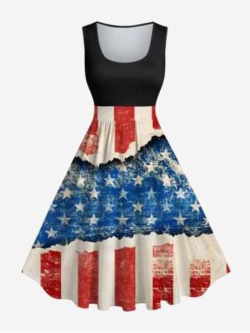 Plus Size Patriotic American Flag Distressed Ripped 3D Print 1950s Vintage Dress - BLACK - 6X