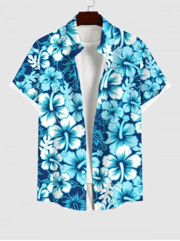 Plus Size Tropical Leaf Hibiscus Flowers Print Buttons Pocket Hawaii Shirt For Men