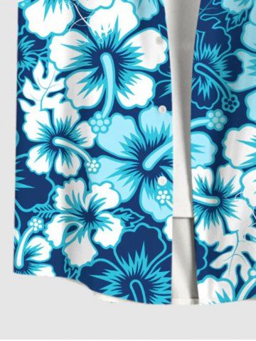 Plus Size Tropical Leaf Hibiscus Flowers Print Buttons Pocket Hawaii Shirt For Men