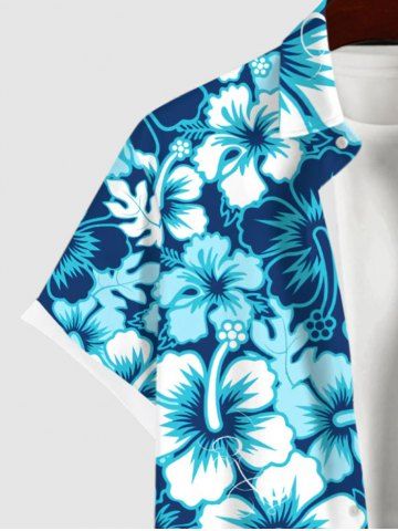 Plus Size Tropical Leaf Hibiscus Flowers Print Buttons Pocket Hawaii Shirt For Men