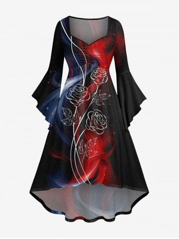 Plus Size Rose Flower Leaf Galaxy Light Beam 3D Print Ruched Flare Sleeves High Low Dress - MULTI-A - 6X