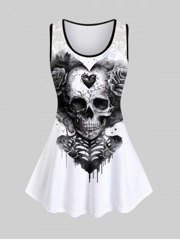 Plus Size Skull Skeleton Ink Heart Rose Flower Print Lace Tank Top - WHITE - S