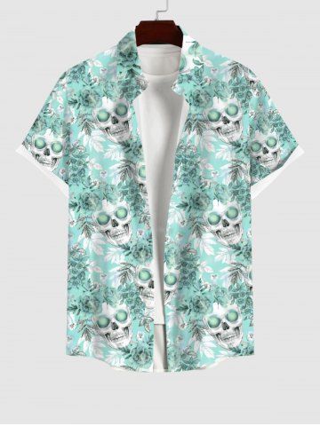 Plus Size Skulls Tropical Leaf Rose Flower Print Buttons Pocket Hawaii Shirt For Men - LIGHT GREEN - 3XL