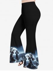 Pantalon Evasé Ombré Chat et Lune Imprimés de Grande Taille à Paillettes - Noir 5X