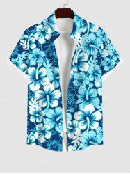 Plus Size Tropical Leaf Hibiscus Flowers Print Buttons Pocket Hawaii Shirt For Men -  