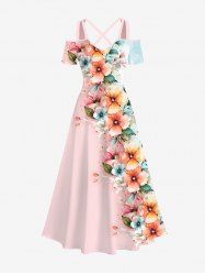 Plus Size Flowers Leaf Print Crisscross Cold Shoulder Hawaii Maxi Dress -  