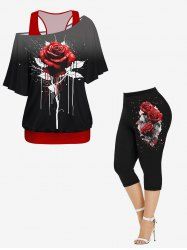 Racerback Tank Top and Rose Flower Paint Splatter Print Skew Neck T-shirt and Capri Leggings Plus Size Matching Set -  