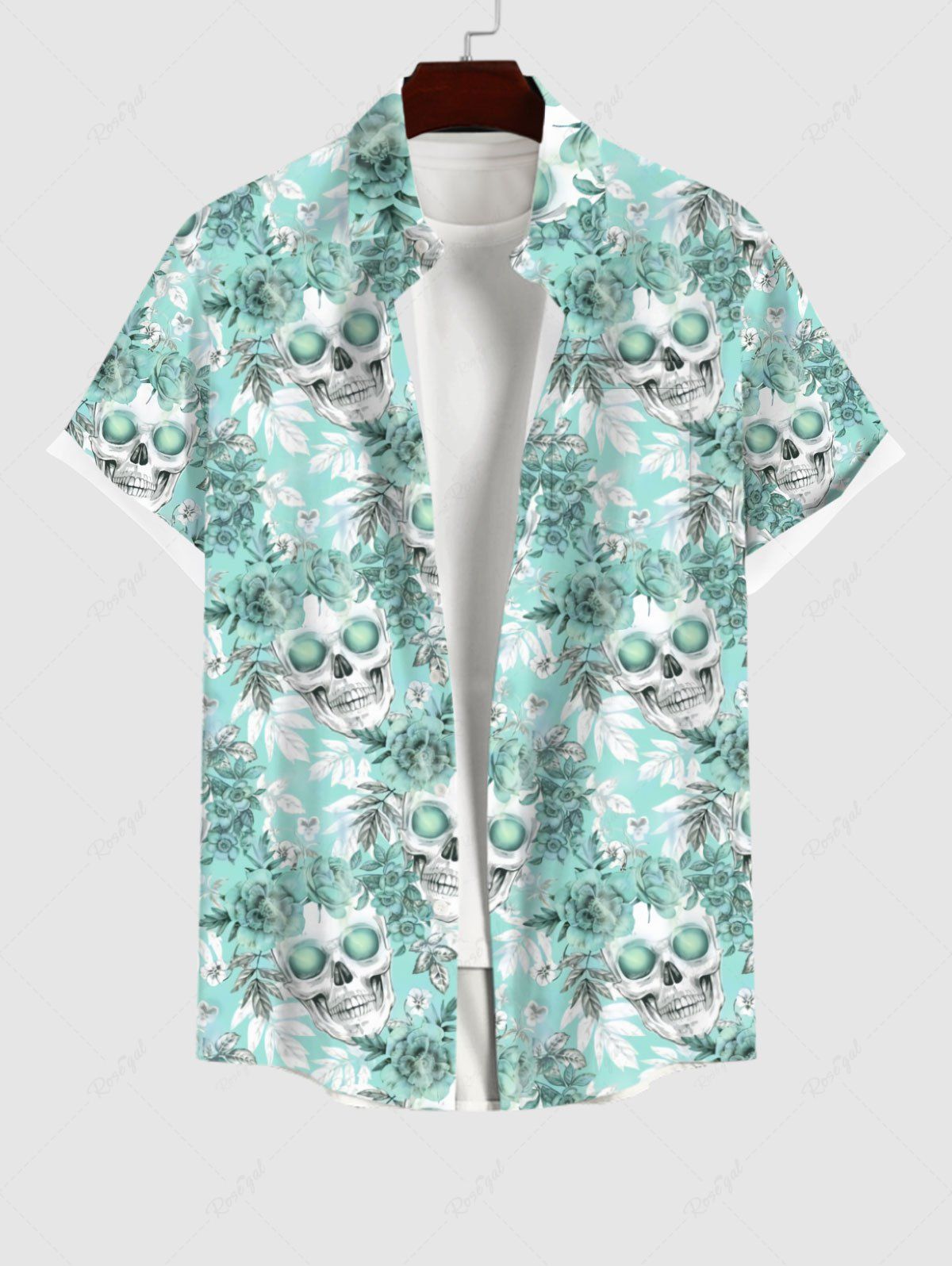 Fancy Plus Size Skulls Tropical Leaf Rose Flower Print Buttons Pocket Hawaii Shirt For Men  