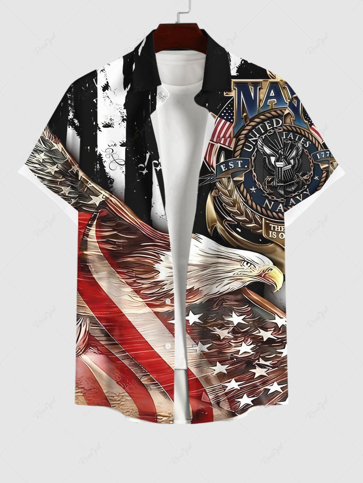 Online Plus Size Eagle Patriotic American Flag Print Button Pocket Shirt For Men  