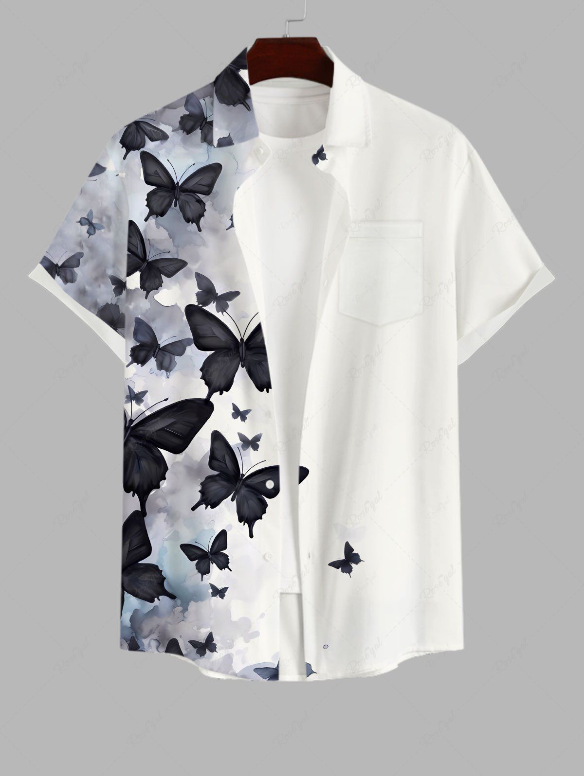 Fashion Plus Size Ombre Ink Painting Butterfly Print Button Pocket Shirt For Men  