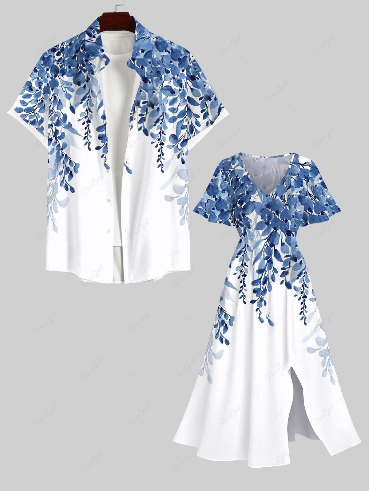 Cheap Art Leaf Wicker Plant Print Plus Size Matching Hawaii Beach Outfit For Couples  