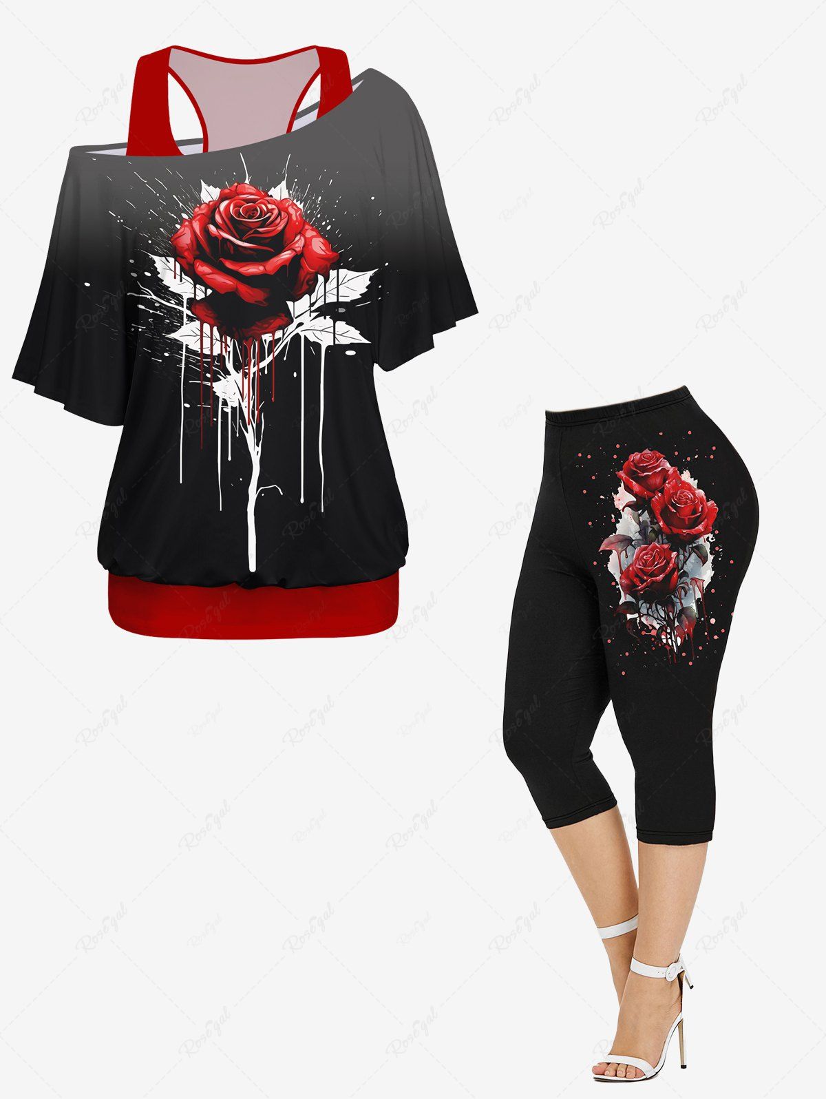 Buy Racerback Tank Top and Rose Flower Paint Splatter Print Skew Neck T-shirt and Capri Leggings Plus Size Matching Set  
