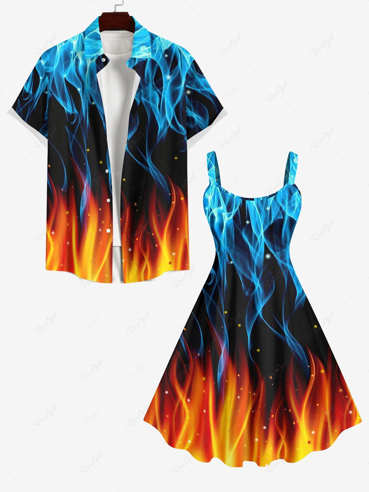 Unique Ice and Fire Flame Glitter Dots Print Plus Size Matching Outfit For Couples  