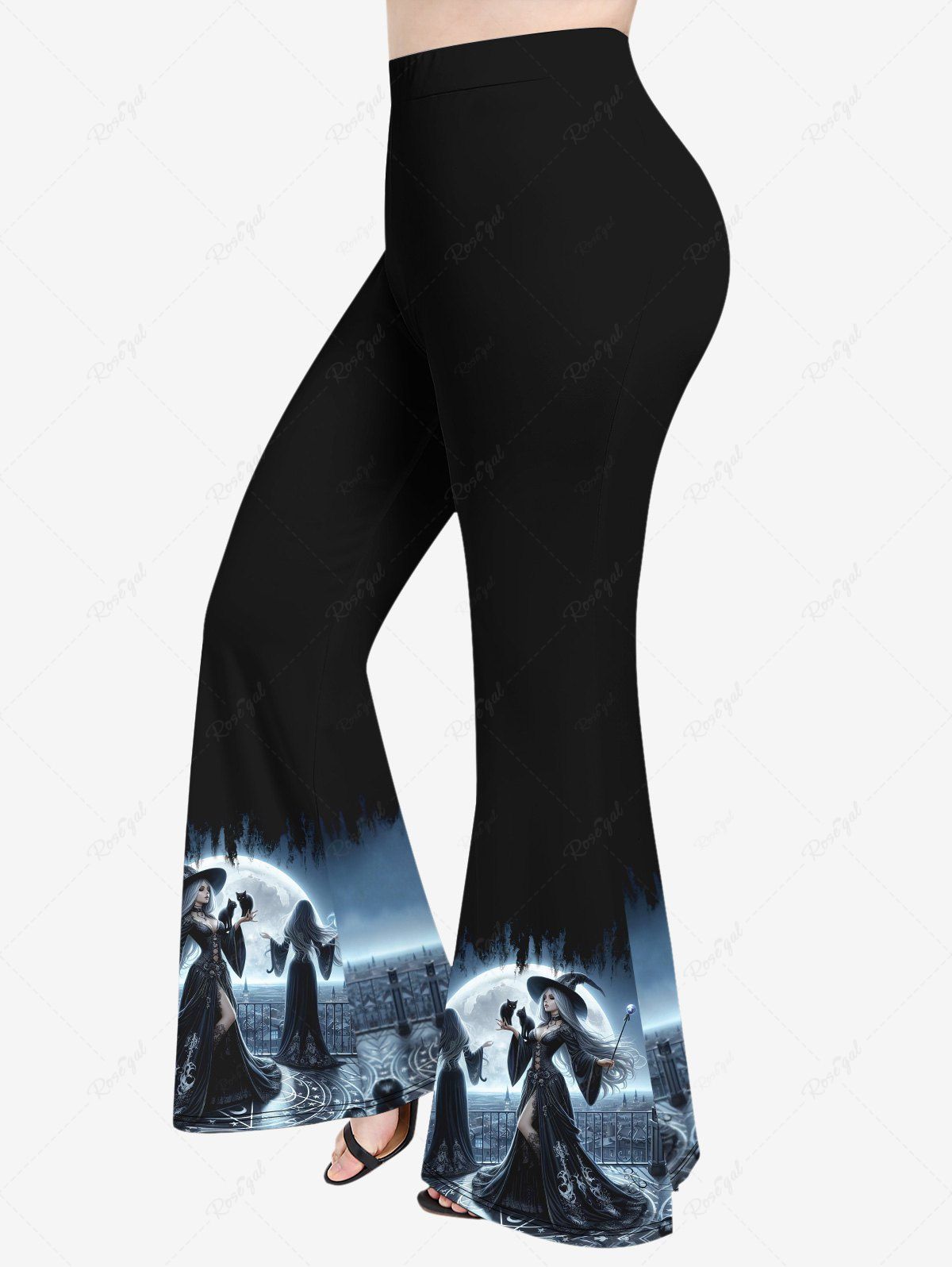 Pantalon Evasé Ombré Chat et Lune Imprimés de Grande Taille à Paillettes Noir 5X