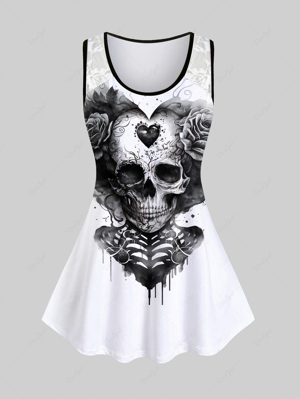 Trendy Plus Size Skull Skeleton Ink Heart Rose Flower Print Lace Tank Top  