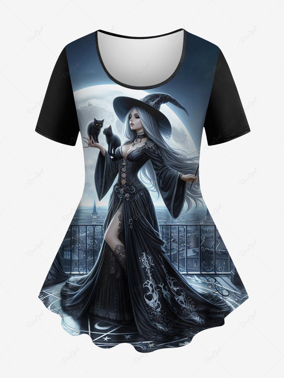 Fashion Plus Size Wizard Glitter Moon Cat Print Ombre T-shirt  