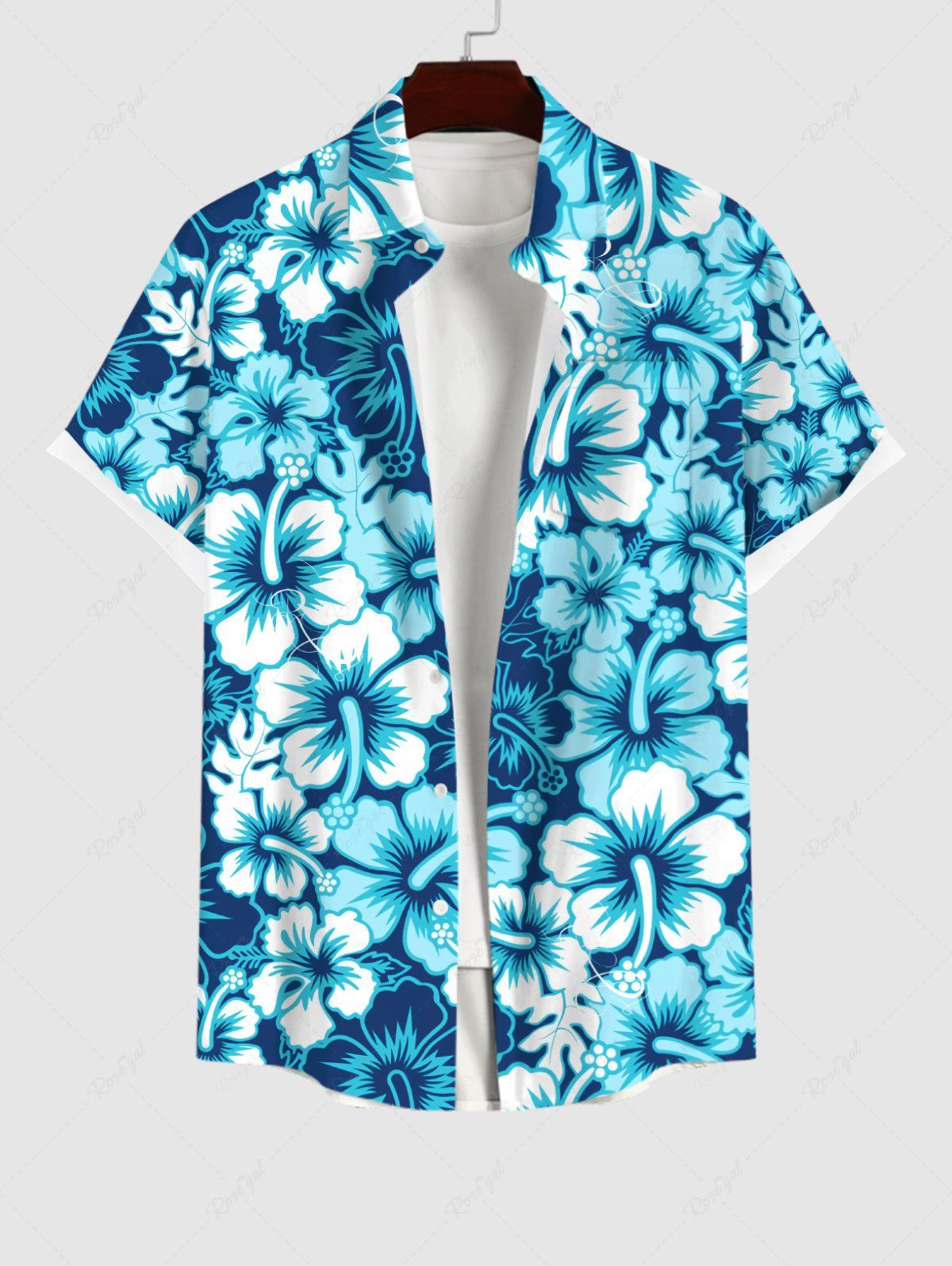 Affordable Plus Size Tropical Leaf Hibiscus Flowers Print Buttons Pocket Hawaii Shirt For Men  