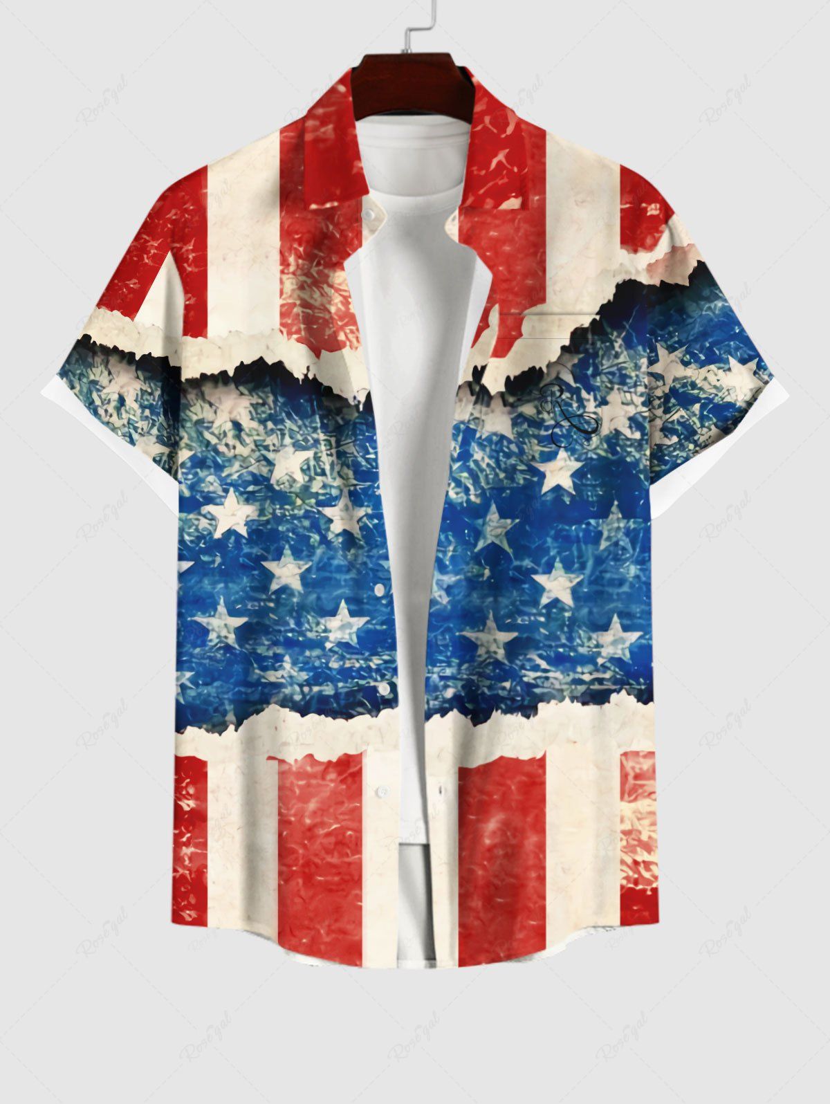 Trendy Plus Size Patriotic American Flag Distressed Ripped 3D Print Buttons Pocket Shirt For Men  
