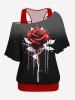 Racerback Tank Top and Rose Flower Paint Splatter Print Skew Neck T-shirt and Capri Leggings Plus Size Matching Set -  