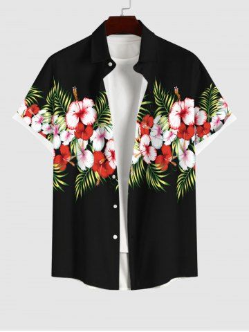 Plus Size Tropical Leaf Hibiscus Flowers Print Buttons Pocket Hawaii Shirt For Men - BLACK - XL