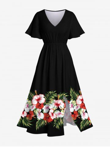 Plus Size Tropical Leaf Hibiscus Flowers Print Hawaii Split Midi Dress - BLACK - XS