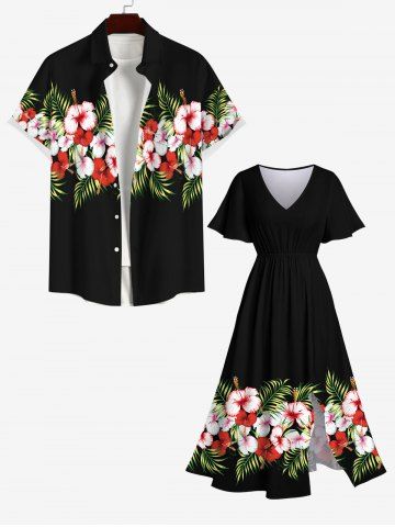 Tropical Leaf Hibiscus Flowers Print Plus Size Matching Hawaii Beach Outfit For Couples - BLACK