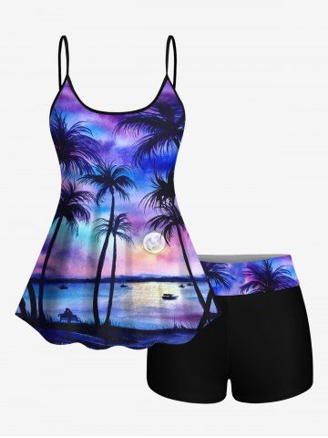 Coconut Tree Sun Ombre Sky Tie Dye Print Hawaii Boyleg Tankini Swimsuit - MULTI-A - XS