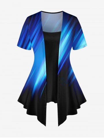 Plus Size Ombre Colorblock Glitter 3D Print Asymmetrical 2 In 1 T-shirt - BLACK - XS