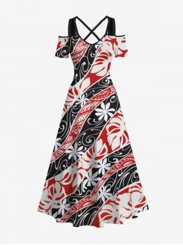 Plus Size Tropical Leaf Flowrs Curve Colorblock Print Crisscross Cold Shoulder Hawaii Maxi Dress - MULTI-A - XS