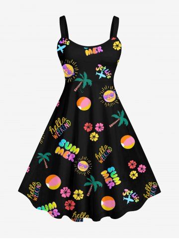 Plus Size Colorful Coconut Tree Sun Letters Floral Print Hawaii Backless A Line Tank Dress - BLACK - S