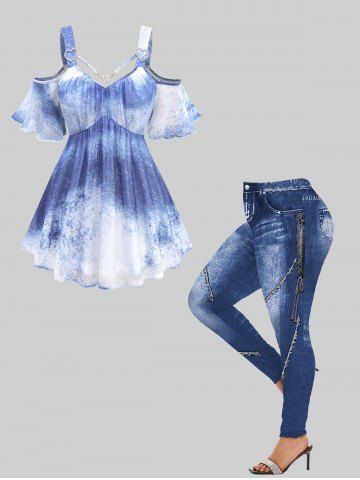 Splatter Tie Dye Print Top and 3D Denim Lace Up Topstitching Graphic Leggings Plus Size Outfit - BLUE