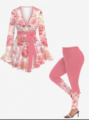 3D Glitter Rhinestone Faux Pearl Ombre Rose Flower Print Blouse and Leggings Plus Size Matching Set