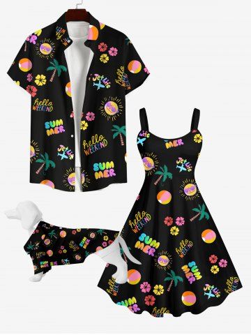 Colorful Coconut Tree Sun Letters Floral Print Hawaii Dog And Owner Matching Outfits - BLACK