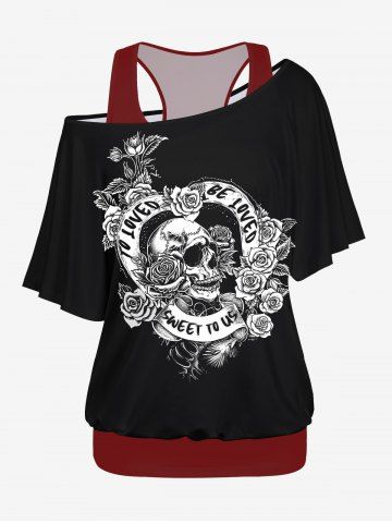 Plus Size Solid Racerback Tank Top and Skull Rose Flower Letters Print T-shirt Set - BLACK - S