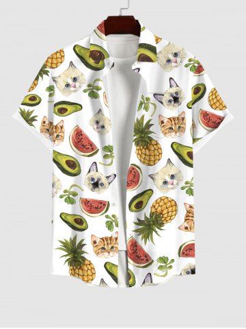 Plus Size Watermelon Pineapple Cat Avocado Print Hawaii Button Pocket Shirt For Men - WHITE - 4XL