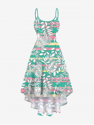 Plus Size Tropical Leaves Colorful Striped Print Hawaii High Low Asymmetric Backless A Line Cami Dress - GREEN - M