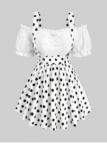 Plus Size Polka Dot Print Bowknot Floral Hollow Out Ruffles Cold Shoulder 2 In 1 Top - WHITE - L | US 12