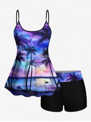 Coconut Tree Sun Ombre Sky Tie Dye Print Hawaii Boyleg Tankini Swimsuit -  