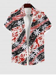 Plus Size Tropical Leaf Flowrs Curve Colorblock Print Buttons Pocket Hawaii Shirt For Men -  