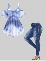 Splatter Tie Dye Print Top and 3D Denim Lace Up Topstitching Graphic Leggings Plus Size Outfit -  